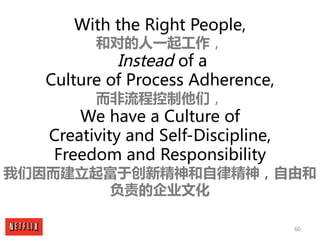 60
With the Right People,
和对的人一起工作，
Instead of a
Culture of Process Adherence,
而非流程控制他们，
We have a Culture of
Creativity a...