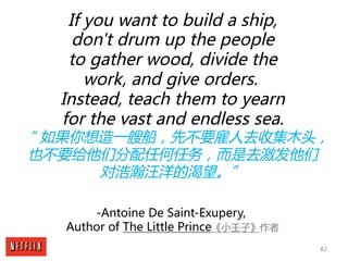 82
If you want to build a ship,
don't drum up the people
to gather wood, divide the
work, and give orders.
Instead, teach ...