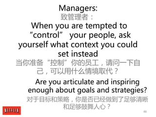 88
Managers:
致管理者：
When you are tempted to
“control” your people, ask
yourself what context you could
set instead
当你准备“控制”...