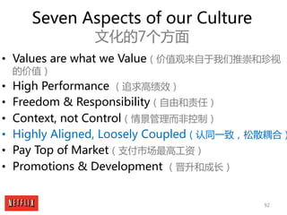 92
Seven Aspects of our Culture
文化的7个方面
• Values are what we Value（价值观来自于我们推崇和珍视
的价值）
• High Performance （追求高绩效）
• Freedom...