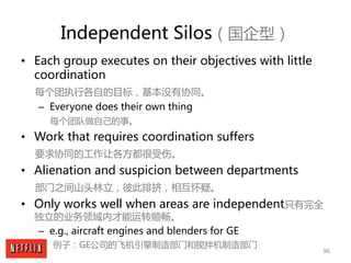 96
Independent Silos（国企型）
• Each group executes on their objectives with little
coordination
每个团执行各自的目标，基本没有协同。
– Everyone...