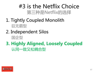 97
#3 is the Netflix Choice
第三种是Netflix的选择
1. Tightly Coupled Monolith
巨无霸型
2. Independent Silos
国企型
3. Highly Aligned, Lo...