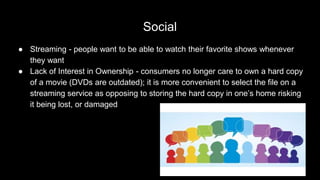 Social
● Streaming - people want to be able to watch their favorite shows whenever
they want
● Lack of Interest in Ownership - consumers no longer care to own a hard copy
of a movie (DVDs are outdated); it is more convenient to select the file on a
streaming service as opposing to storing the hard copy in one’s home risking
it being lost, or damaged
 