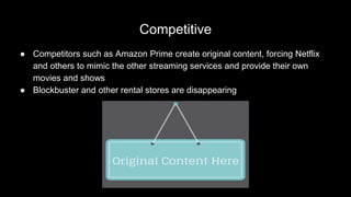 Competitive
● Competitors such as Amazon Prime create original content, forcing Netflix
and others to mimic the other streaming services and provide their own
movies and shows
● Blockbuster and other rental stores are disappearing
 