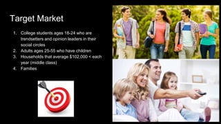 Target Market
1. College students ages 18-24 who are
trendsetters and opinion leaders in their
social circles
2. Adults ages 25-55 who have children
3. Households that average $102,000 < each
year (middle class)
4. Families
 