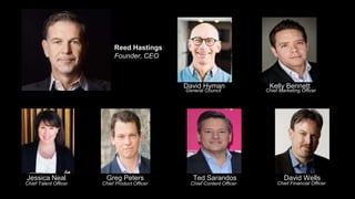 David WellsTed SarandosGreg PetersJessica Neal
Kelly BennettDavid Hyman
Chief Talent Officer Chief Product Officer Chief Content Officer Chief Financial Officer
Chief Marketing OfficerGeneral Council
Reed Hastings
Founder, CEO
 