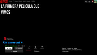 Home TV Shows Movies New & Popular My List
La primera pelicula que
vimos
PELICULA
Un amor asi ♥
97% de coincidencia 2021 +16 HD
Estreno
Elenco: You and me, jajajsj.
Géneros: Drama, comedia, emotivo,
romántica....
 