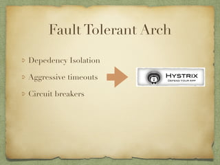 Fault Tolerant Arch 
Depedency Isolation 
Aggressive timeouts 
Circuit breakers 
 