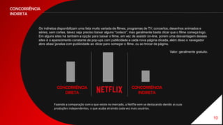 10
CONCORRÊNCIA
INDIRETA
Os indiretos disponibilizam uma lista muito variada de filmes, programas de TV, concertos, desenhos animados e
séries, sem cortes, talvez seja preciso baixar alguns “codecs”, mas geralmente basta clicar que o filme começa logo.
Em alguns sites há também a opção para baixar o filme, em vez de assistir on-line, porem uma desvantagem desses
sites é o aparecimento constante de pop-ups com publicidade a cada nova página clicada, além disso o navegador
abre abas/ janelas com publicidade ao clicar para começar o filme, ou ao trocar de página.
Valor: geralmente gratuito.
CONCORRÊNCIA
DIRETA
CONCORRÊNCIA
INDIRETA
Fazendo a comparação com o que existe no mercado, a Netflix vem se destacando devido as suas
produções independentes, o que acaba atraindo cada vez mais usuários.
 