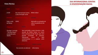 25
DIA INTERNACIONAL CONTRA
A DISCRIMINAÇÃO RACIALFicha Técnica
Data
21/03
Título
Dia internacional contra
a discriminação racial
Período
Todo o mês
de Março
Veículo
Aplicação na proteção de
vidro na plataforma de
metrô
Padrão Cromático
CMYC
Meio
Mídia Indoor
Apelo visual
Do concreto ao abstrato
Apelo textual
Informativo
Ação
Será veiculada a peça durante o mês
através de Mídia Indoor no metrô
linha amarela de São Paulo, pois tem
grande circulação de pessoas,
reforçando assim a data
comemorativa e a própria série
exclusiva.
Objetivo
Divulgar o seriado
“The Get Down”
produzido pela
Netflix.
 