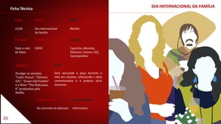 29
DIA INTERNACIONAL DA FAMÍLIAFicha Técnica
Data
15/05
Título
Dia internacional
da família
Período
Todo o mês
de Maio
Veículo
Capricho, Atrevida,
Glamour, Crescer, GQ,
Cosmopolitan
Padrão Cromático
CMYC
Meio
Revista
Apelo visual
Do concreto ao abstrato
Apelo textual
Informativo
Ação
Será veiculada a peça durante o
mês em revistas, reforçando a data
comemorativa e a própria série
exclusiva.
Objetivo
Divulgar os seriados
“Fuller House”, “Gilmore
Gils”, “Grace and Frankie”
e o filme “The Ridiculous
6” produzidos pela
Netflix.
 