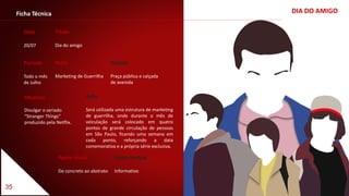 35
Ficha Técnica
Data
20/07
Título
Dia do amigo
Período
Todo o mês
de Julho
Veículo
Praça pública e calçada
de avenida
Meio
Marketing de Guerrilha
Apelo visual
Do concreto ao abstrato
Apelo textual
Informativo
Ação
Será utilizada uma estrutura de marketing
de guerrilha, onde durante o mês de
veiculação será colocado em quatro
pontos de grande circulação de pessoas
em São Paulo, ficando uma semana em
cada ponto, reforçando a data
comemorativa e a própria série exclusiva.
Objetivo
Divulgar o seriado
“Stranger Things”
produzido pela Netflix.
DIA DO AMIGO
 