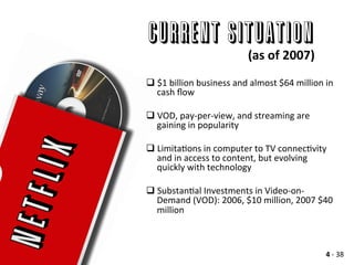 Current Situation
q $1	
  billion	
  business	
  and	
  almost	
  $64	
  million	
  in	
  
cash	
  ﬂow	
  
q VOD,	
  pay-­‐per-­‐view,	
  and	
  streaming	
  are	
  
gaining	
  in	
  popularity	
  
q LimitaAons	
  in	
  computer	
  to	
  TV	
  connecAvity	
  
and	
  in	
  access	
  to	
  content,	
  but	
  evolving	
  
quickly	
  with	
  technology	
  
q SubstanAal	
  Investments	
  in	
  Video-­‐on-­‐
Demand	
  (VOD):	
  2006,	
  $10	
  million,	
  2007	
  $40	
  
million	
  
	
  
	
  
(as	
  of	
  2007)	
  	
  
4	
  -­‐	
  38	
  
 