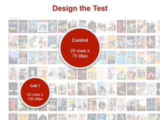 Design the Test



                  Control

                 25 rows x
                  75 titles




 Cell 1          ...