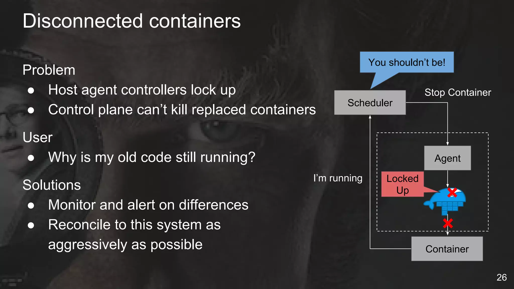 Disconnected containers
Problem
● Host agent controllers lock up
● Control plane can’t kill replaced containers
User
● Why is my old code still running?
Solutions
● Monitor and alert on differences
● Reconcile to this system as
aggressively as possible Container
Scheduler
I’m running
You shouldn’t be!
Agent
Stop Container
×
×
Locked
Up
26
 