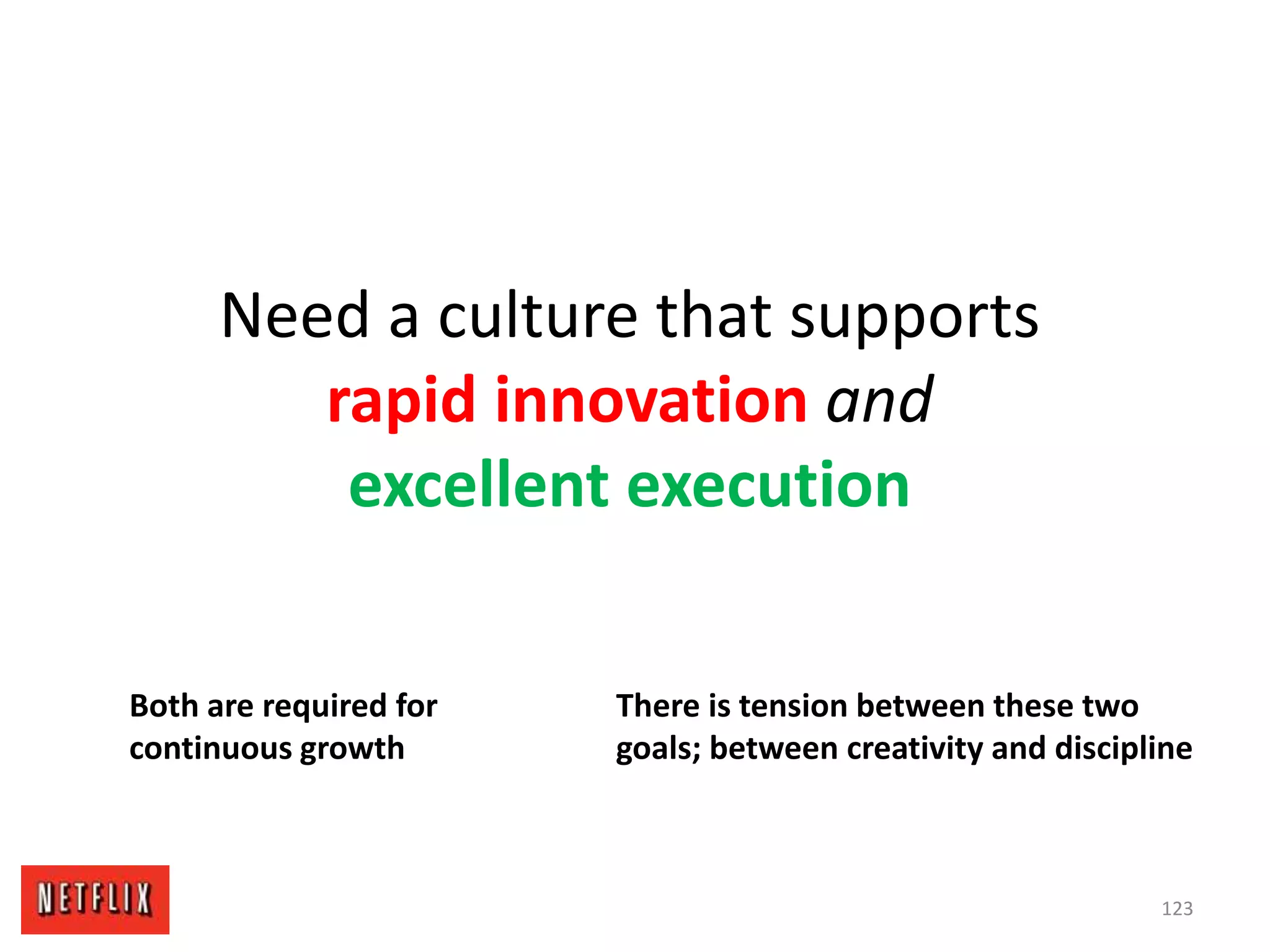 Need a culture that supports
rapid innovation and
excellent execution
123
Both are required for
continuous growth
There is tension between these two
goals; between creativity and discipline
 
