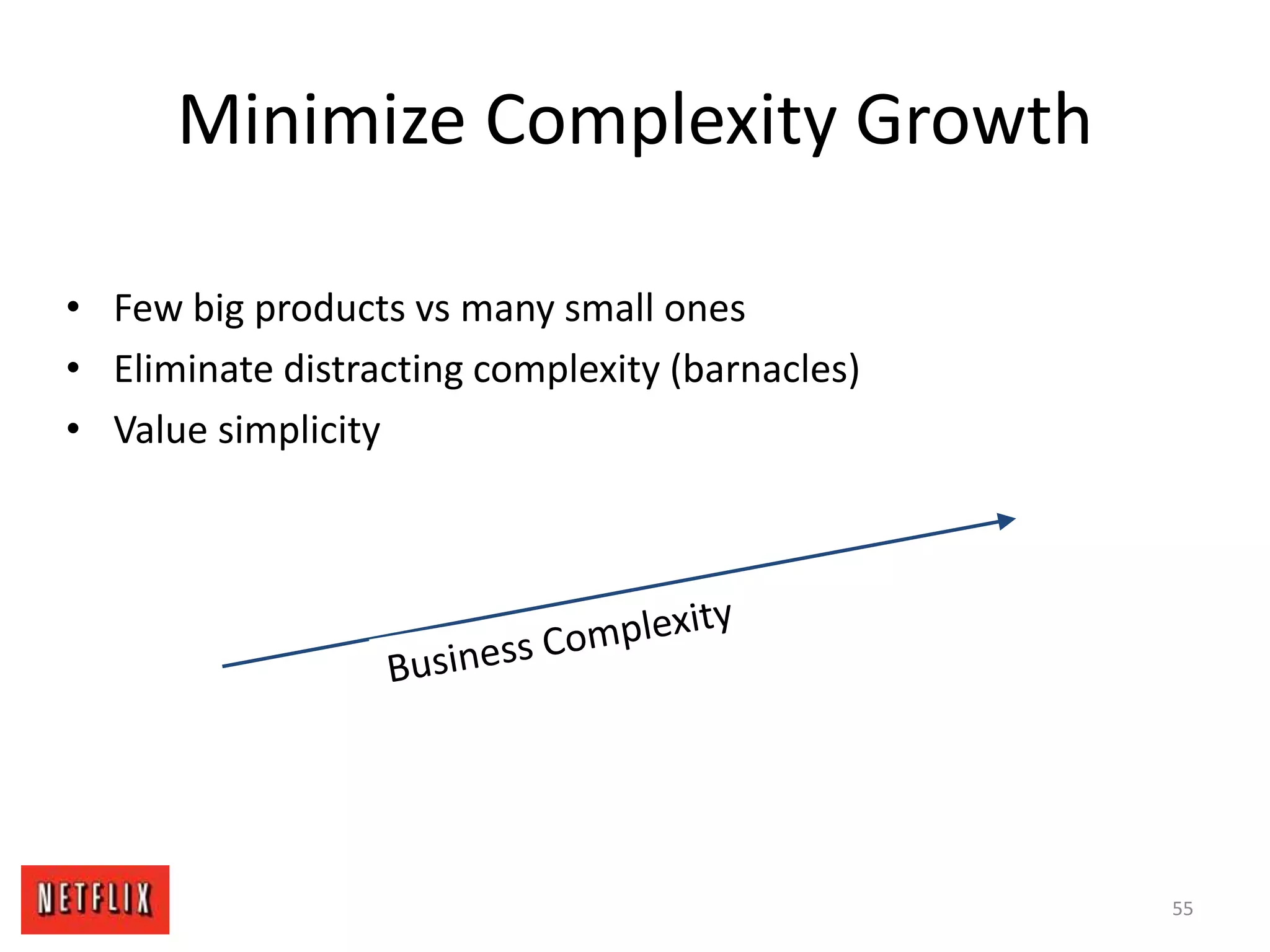 Minimize Complexity Growth
• Few big products vs many small ones
• Eliminate distracting complexity (barnacles)
• Value simplicity
55
 