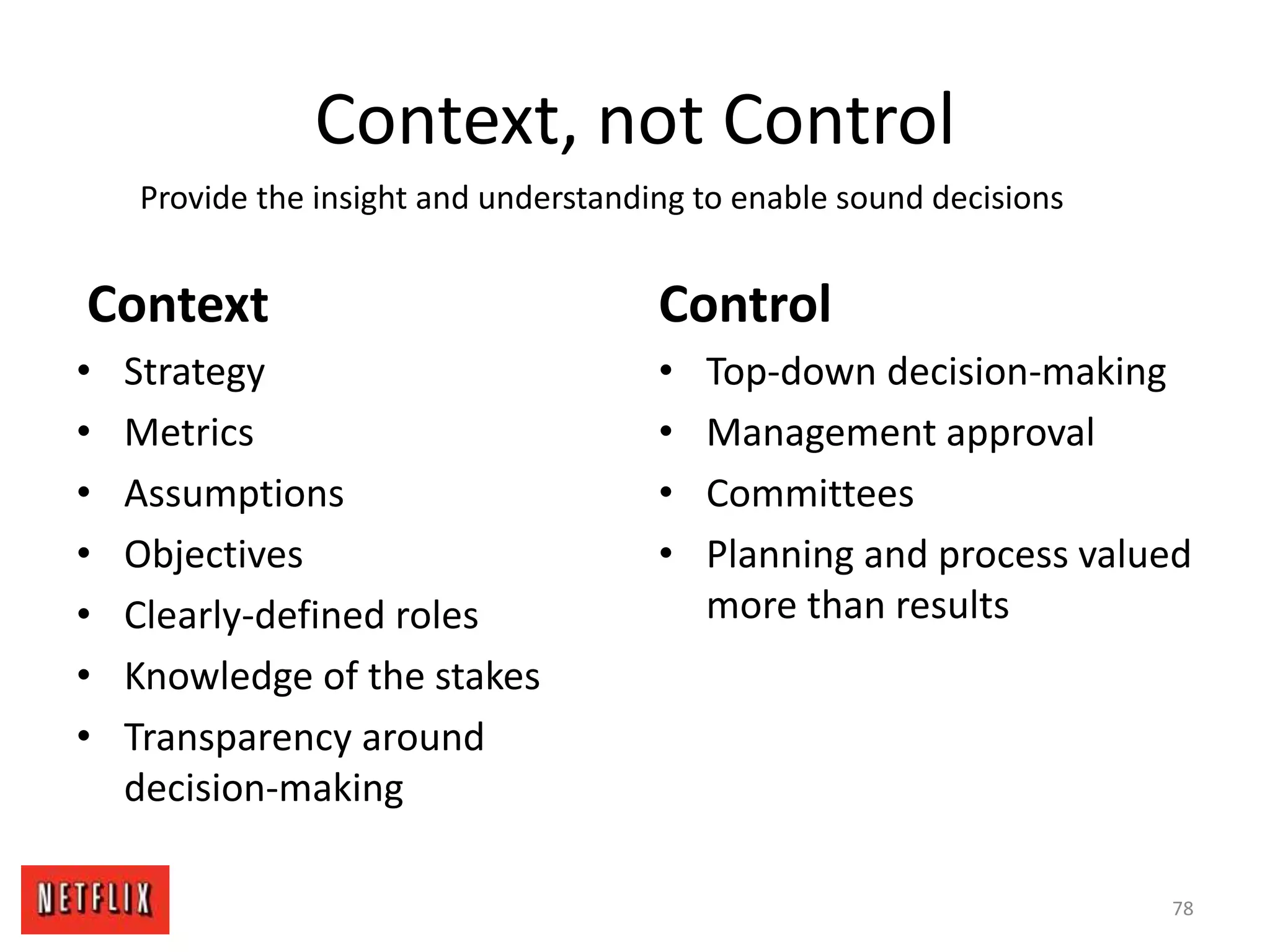 Context, not Control
Context
• Strategy
• Metrics
• Assumptions
• Objectives
• Clearly-defined roles
• Knowledge of the stakes
• Transparency around
decision-making
Control
• Top-down decision-making
• Management approval
• Committees
• Planning and process valued
more than results
Provide the insight and understanding to enable sound decisions
78
 