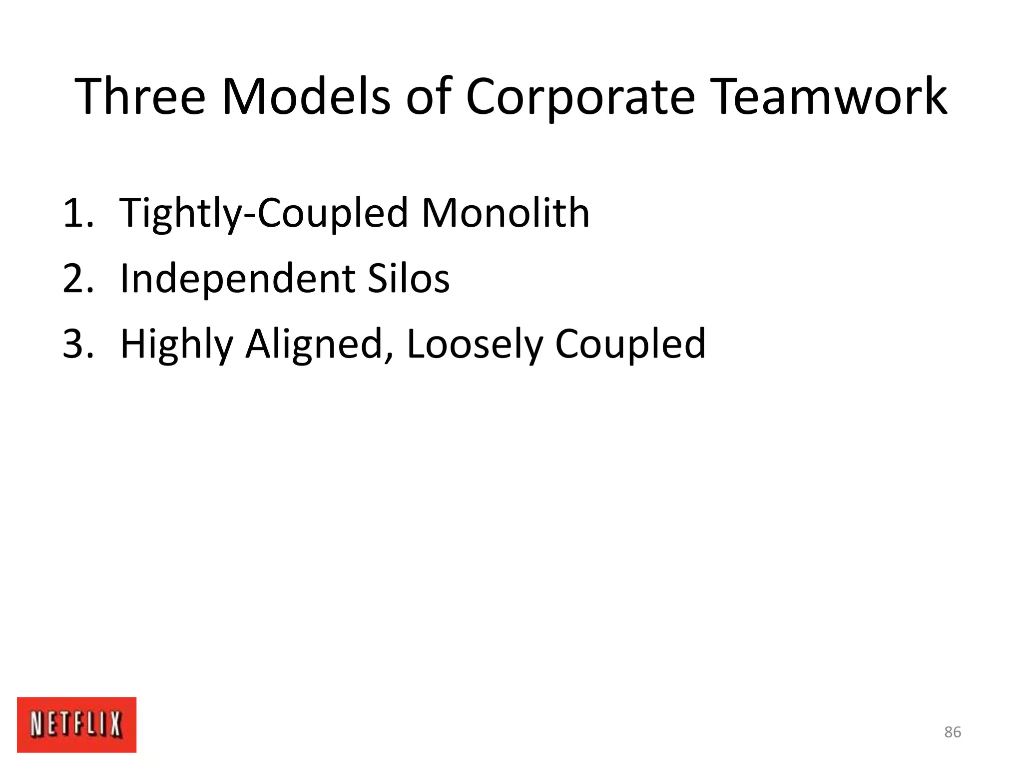 Three Models of Corporate Teamwork
1. Tightly-Coupled Monolith
2. Independent Silos
3. Highly Aligned, Loosely Coupled
86
 