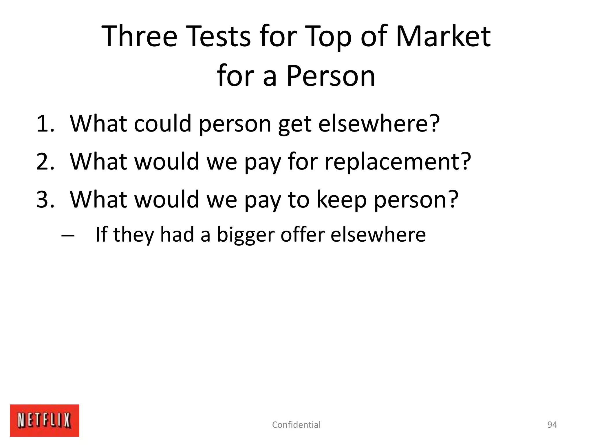 Three Tests for Top of Market
for a Person
1. What could person get elsewhere?
2. What would we pay for replacement?
3. What would we pay to keep person?
– If they had a bigger offer elsewhere
94Confidential
 