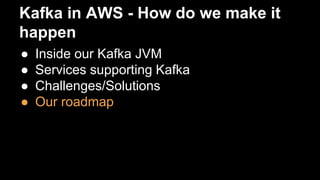 Kafka in AWS - How do we make it
happen
● Inside our Kafka JVM
● Services supporting Kafka
● Challenges/Solutions
● Our roadmap
 