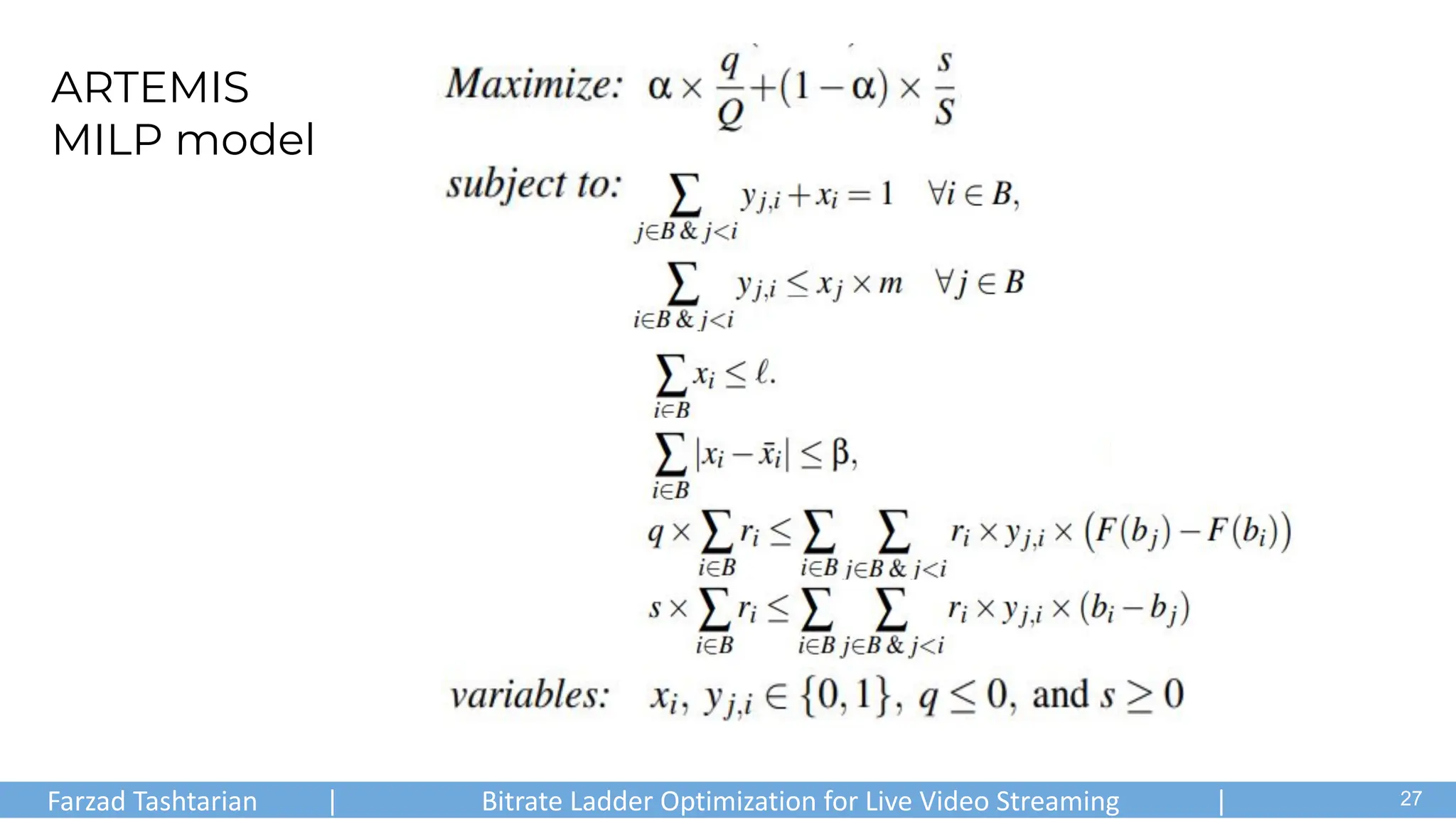 Farzad Tashtarian | Bitrate Ladder Optimization for Live Video Streaming | .
ARTEMIS
MILP model
27
 