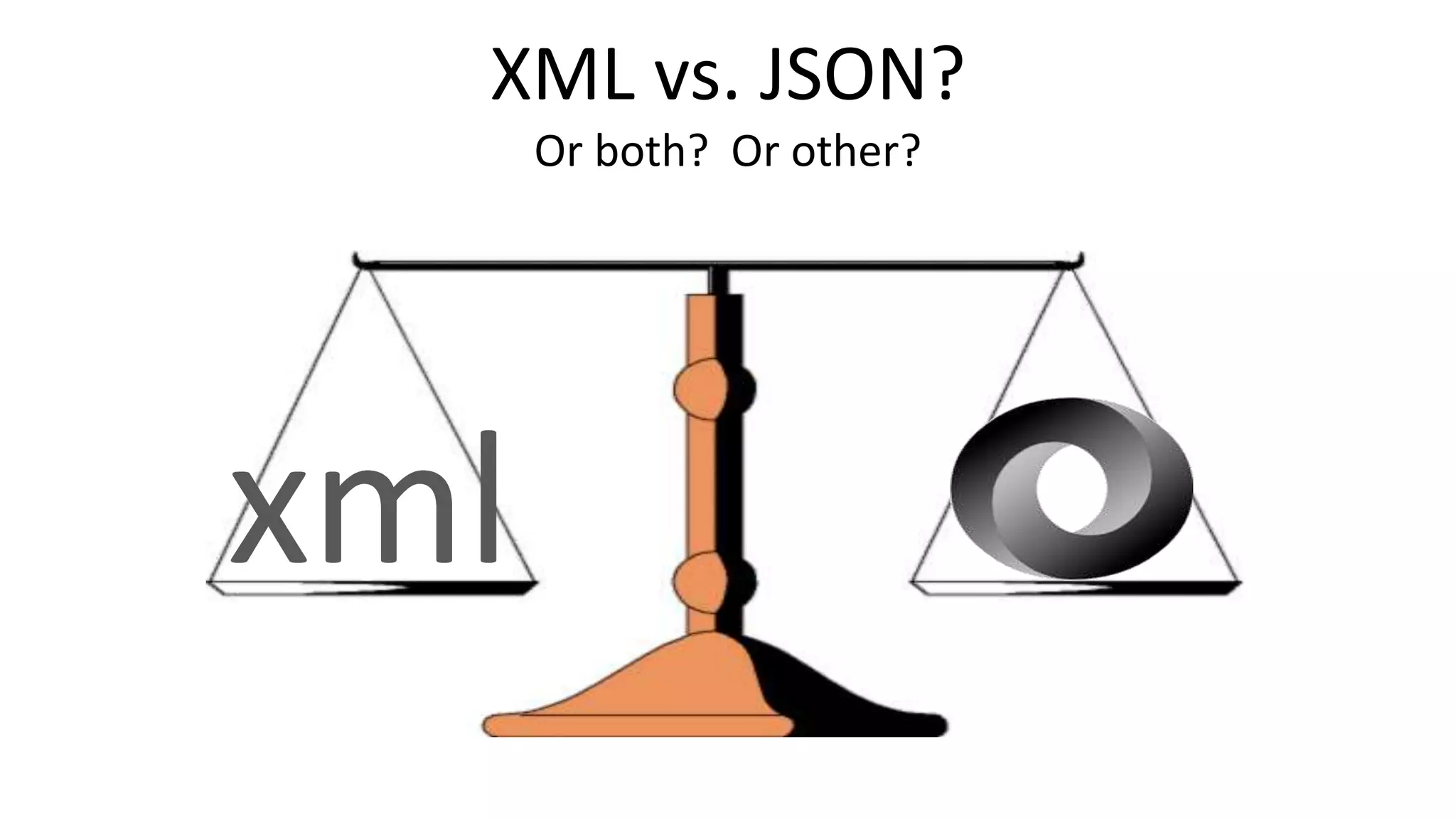 XML vs. JSON?
Or both? Or other?
xml
 