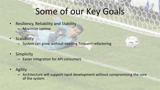 Some of our Key Goals
• Resiliency, Reliability and Stability
– Maximize uptime
• Scalability
– System can grow without needing frequent refactoring
• Simplicity
– Easier integration for API consumers
• Agility
– Architecture will support rapid development without compromising the core
of the system
 