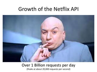 Growth of the Netflix API




 Over 1 Billion requests per day
   (Peaks at about 20,000 requests per second)
 
