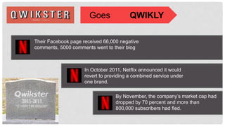 In October 2011, Netflix announced it would
revert to providing a combined service
under one brand.
Their Facebook page received 66,000
negative comments, 5000 comments went to
their blog
By November, the company’s market cap
had dropped by 70 percent and more
than 800,000 subscribers had fled.
Goes QWIKLY
 