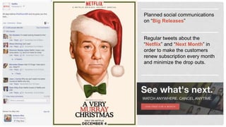 Planned social
communications on “Big
Releases”
Regular tweets about the
“Netflix” and “Next Month” in
order to make the customers
renew subscription every
month and minimize the drop
outs.
 