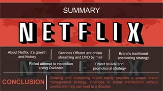 SUMMARY
CONCLUSION
Growing and sustaining brand equity requires a proper brand
management strategy. Changes in brand architecture
without careful planning can lead to a disaster.
About Netflix, it’s growth
and history
Failed attempt to
reposition using Qwikster
Services Offered are online
streaming and DVD by mail
Brand revival and
promotional strategy
Brand’s traditional
positioning strategy
 