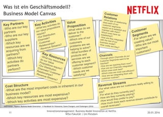 20.01.2016
Innovationsmanagement: Business Model Innovation at Netflix
WiSo-Fakultät | Uni Potsdam
Disclaimer
11
Was ist ein Geschäftsmodell?
Business Model Canvas
Osterwalder, Pigneur: Business Model Generation – A Handbook for Visionaries, Game Changers, and Challengers (2010)
 