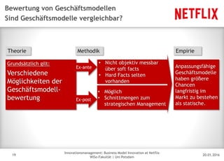 20.01.2016
Innovationsmanagement: Business Model Innovation at Netflix
WiSo-Fakultät | Uni Potsdam
Disclaimer
19
Bewertung von Geschäftsmodellen
Sind Geschäftsmodelle vergleichbar?
Grundsätzlich gilt:
Verschiedene
Möglichkeiten der
Geschäftsmodell-
bewertung
Ex-ante
Ex-post
• Nicht objektiv messbar
über soft facts
• Hard Facts selten
vorhanden
• Möglich
• Schnittmengen zum
strategischen Management
Anpassungsfähige
Geschäftsmodelle
haben größere
Chancen
langfristig im
Markt zu bestehen
als statische.
Theorie Methodik Empirie
 