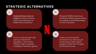 STRATEGIC ALTERNATIVES
I. II.
IV.
III.
Invest and focus more on
original content by finding
local authors/directors to
bolster their production.
Monetize Netflix’s best shows
and IPs by holding special events
and selling merchandises based
on their characters.
Focus on acquiring the right
gaming companies &
capitalize on their family-
friendly image to develop
multiplayer, interactive games
Create a community-like
environment by enhancing its
social features which allows
people to share their thoughts
and favorite movies.
 