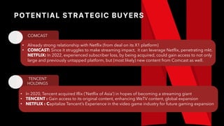 POTENTIAL STRATEGIC BUYERS
COMCAST
• Already strong relationship with Netflix (from deal on its X1 platform)
• COMCAST: Since it struggles to make streaming impact, it can leverage Netflix, penetrating mkt.
NETFLIX: In 2022, experienced subscriber loss, by being acquired, could gain access to not only
large and previously untapped platform, but (most likely) new content from Comcast as well.
TENCENT
HOLDINGS
• In 2020, Tencent acquired Iflix (’Netflix of Asia’) in hopes of becoming a streaming giant
• TENCENT : Gain access to its original content, enhancing WeTV content, global expansion
• NETFLIX : Capitalize Tencent’s Experience in the video game industry for future gaming expansion
 