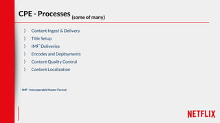 CPE - Processes (some of many)
〉 Content Ingest & Delivery
〉 Title Setup
〉 IMF*
Deliveries
〉 Encodes and Deployments
〉 Content Quality Control
〉 Content Localization
* IMF - Interoperable Master Format
 