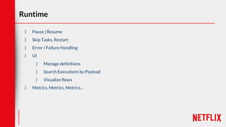 Runtime
〉 Pause | Resume
〉 Skip Tasks, Restart
〉 Error / Failure Handling
〉 UI
〉 Manage definitions
〉 Search Executions by Payload
〉 Visualize flows
〉 Metrics, Metrics, Metrics…
 