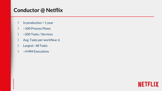 Conductor @ Netflix
〉 In production > 1 year
〉 ~100 Process Flows
〉 ~200 Tasks / Services
〉 Avg. Tasks per workflow: 6
〉 Largest : 48 Tasks
〉 ~4 MM Executions
 