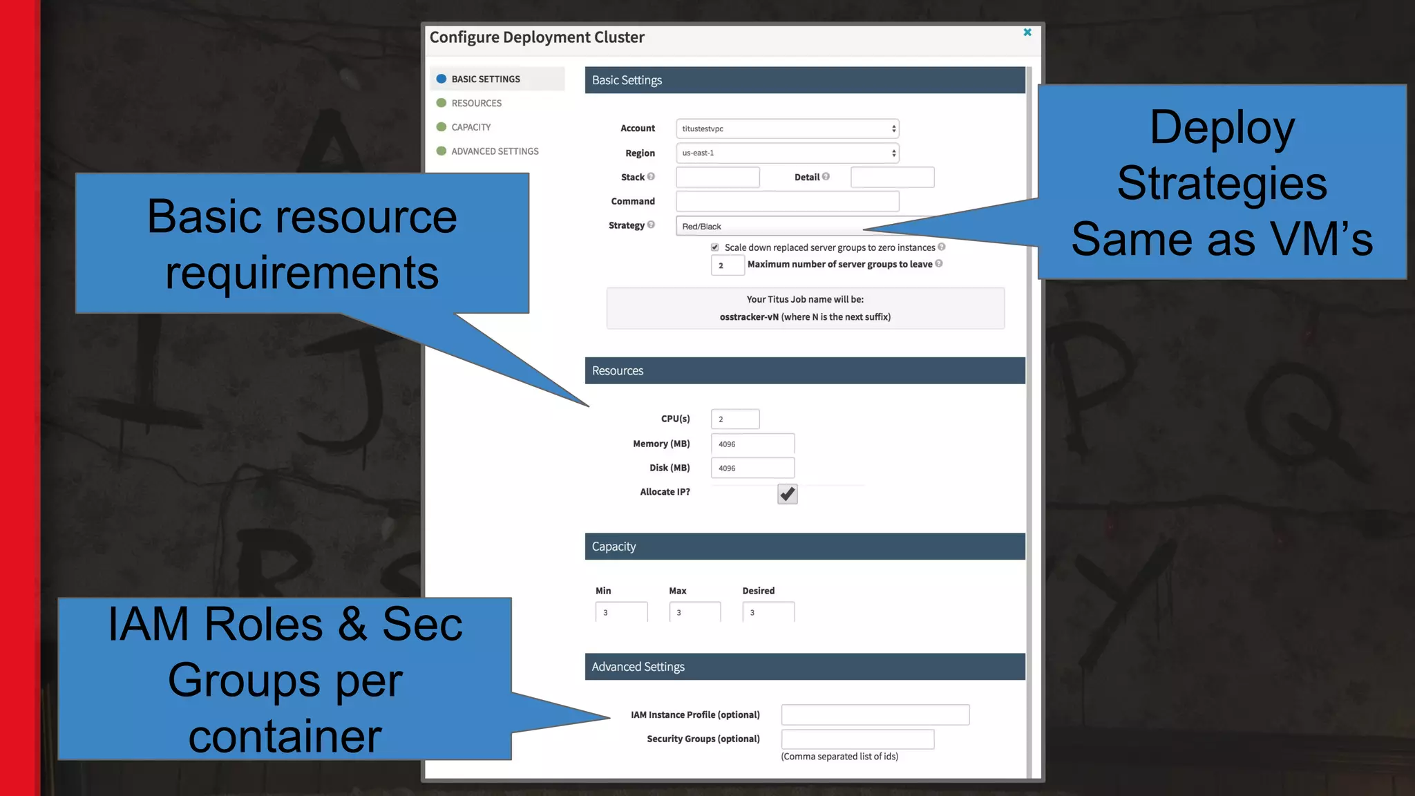 Basic resource
requirements
IAM Roles & Sec
Groups per
container
Deploy
Strategies
Same as VM’s
 