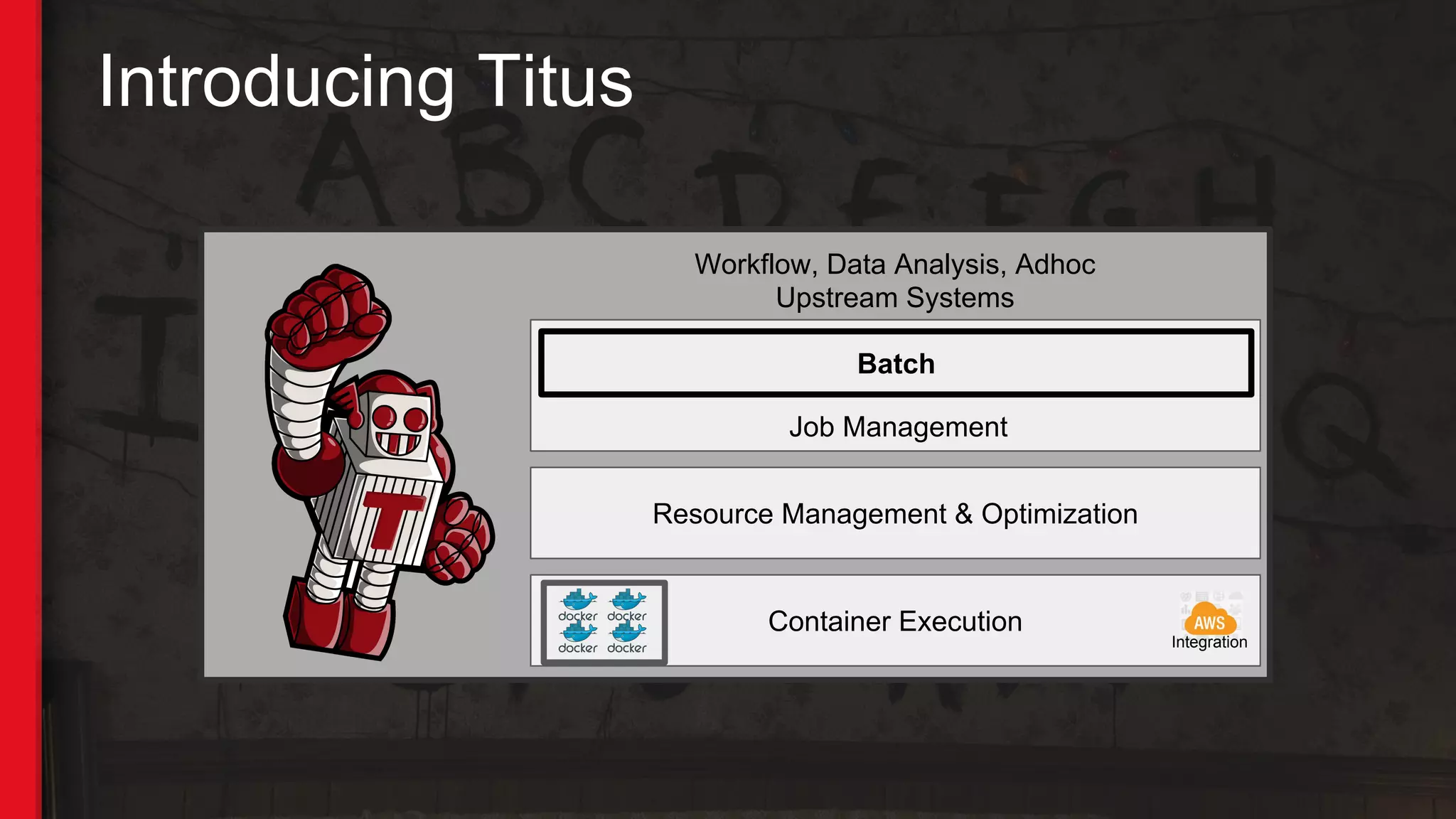 Introducing Titus
Batch
Job Management
Resource Management & Optimization
Container Execution
Integration
Workflow, Data Analysis, Adhoc
Upstream Systems
 