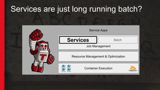Services are just long running batch?
Services
Job Management
Resource Management & Optimization
Container Execution
Integration
Service Apps
Batch
 
