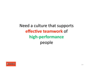 Need a culture that supports
eﬀec/ve teamwork of
high‐performance
people
124
 