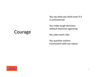 15
Courage
You say what you think even if it
is controversial
You make tough decisions
without excessive agonizing
You take smart risks
You ques<on ac<ons
inconsistent with our values
 