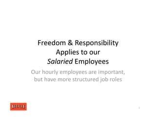 Freedom & Responsibility
Applies to our
Salaried Employees
Our hourly employees are important,
but have more structured job roles
2
 