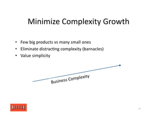 Minimize Complexity Growth
Business Complexity
• Few big products vs many small ones
• Eliminate distrac<ng complexity (barnacles)
• Value simplicity
55
 