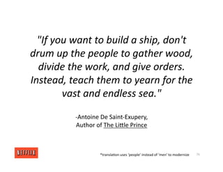 "If you want to build a ship, don't
drum up the people to gather wood,
divide the work, and give orders.
Instead, teach them to yearn for the
vast and endless sea."
‐Antoine De Saint‐Exupery,
Author of The LiXle Prince
76
*transla<on uses ‘people’ instead of ‘men’ to modernize
 