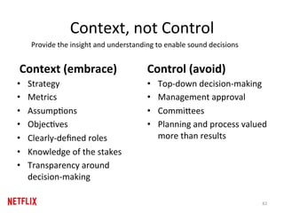 Context,	not	Control	
Context	(embrace)	
•  Strategy	
•  Metrics	
•  AssumpRons	
•  ObjecRves	
•  Clearly-deﬁned	roles		
•...