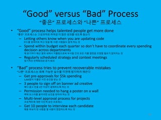“Good” versus “Bad” Process
“좋은” 프로세스와 “나쁜” 프로세스
• “Good” process helps talented people get more done
“좋은” 프로세스는 고성과자로 하여금...