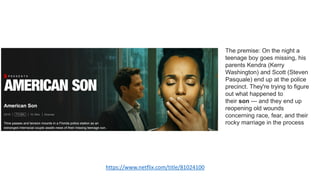 https://www.netflix.com/title/81024100
The premise: On the night a
teenage boy goes missing, his
parents Kendra (Kerry
Washington) and Scott (Steven
Pasquale) end up at the police
precinct. They're trying to figure
out what happened to
their son — and they end up
reopening old wounds
concerning race, fear, and their
rocky marriage in the process
 